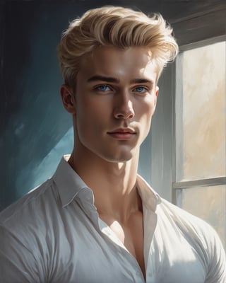 high waist oil painting potarait of a young man , blonde hair, light blue eyes, (((clean shaven))))),character portrait, , wearing white shirt,(((((( tinted glass design background)))))) tinted glass window background,,inspired by Charlie Bowater, & a dark, sk, build body, muscles grainy cinematic, godlyphoto r3al, detailmaster2, aesthetic portrait, cinematic colors, earthy, moody 