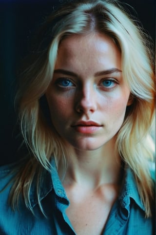 Film still, cinematic, photo of a woman, portra, detailed skin texture, shot on film, vibrant colors, natural skin color, , long blonde, blue eyes,dimly lit, moody, dark, gritty theme