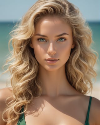 half body potarait of a young woman, blonde hair,  long curly hair , sharp , grey blue eyes smooth skin,, perfect ,in green bikini,beautiful face,beach background, standin,body,young clarity of her e,Alexander Kanoldt, Artstation, cinematic  portrait, (beautiful) girl, big cheekbones,  painting of sexy, diego dayer, with round face, realistic - n 9, artist unknown, ann stokes, cute adorable, sharpie, cinemtic look, (((((((grainy cinematic, fantasy vibes godlyphoto r3al, detailmaster2, aesthetic portrait, cinematic colors, earthy, moodygrainy cinematic, godlyphoto r3al, detailmaster2, aesthetic portrait, cinematic colors, earthy, moody )))))))