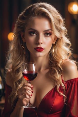 raw realistic potarait of beautiful woman in red slit cut flowing dress beautiful face with Amber brown eyes, red lipstick(((multiple ear piercing))elf ears, beautiful wavy hair, smooth skin, extremely beautiful sitting ,  blonde golden hair ((holding a wine glass,seductively,cinemtic look ,((((( grainy cinematic, fantasy vibes  godlyphoto r3al,detailmaster2,aesthetic portrait, cinematic colors, earthy , moody,  ))))))