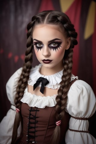 photography, a beautiful girl, brown eyes,wearing a doll dress,long dark brown braided braids, , wearing  simple horror broken doll makeup, inocent eyes, beautiful and creepy, circus doll ,, carnival backdrop 