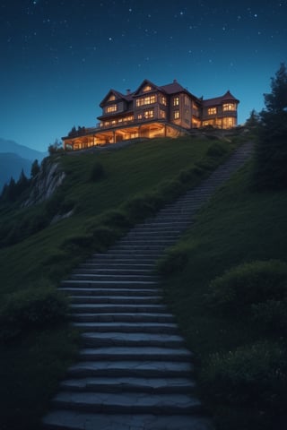 a house on a hill with stairs leading up to it, inspired by Evgeny Lushpin, infinite celestial library, luxury brand, with the sky full of stars, photorealistic. realistic, ticket, mountains and lakes, on artstastion, hotel, beautifully soft lit, lumi grainy cinematic, godlyphoto r3al, detailmaster2, aesthetic portrait, cinematic colors, earthy, moody