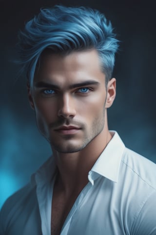 high waist potarait of a man , blue strandy hair, light blue eyes, sharp jawline,character portrait, , wearing white shirt, tinted glass design background background,,inspired by Charlie Bowater, & a dark, sk, build body, muscles grainy cinematic, godlyphoto r3al, detailmaster2, aesthetic portrait, cinematic colors, earthy, moody 