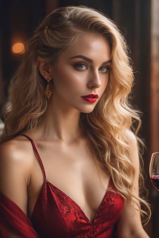 raw realistic potarait of beautiful woman in red slit cut flowing dress beautiful face with Amber brown eyes, red lipstick(((multiple ear piercing))elf ears, beautiful wavy hair, smooth skin, extremely beautiful sitting ,  blonde golden hair ((holding a wine glass,seductively,cinemtic look ,((((( grainy cinematic, fantasy vibes  godlyphoto r3al,detailmaster2,aesthetic portrait, cinematic colors, earthy , moody,  ))))))