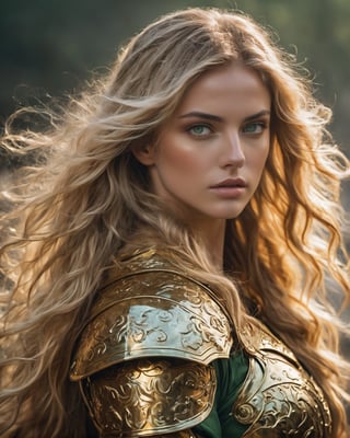 a beautiful blonde warrior woman (( beautiful))) in golden armor, warrior,((((long wavy  beautiful hair)))), (((golden green Color eyes))))), beautiful face((fire power in hand))), strong build body grainy cinematic,  godlyphoto r3al,detailmaster2,aesthetic portrait, cinematic colors, earthy , moody,  , dark background, cinematic beautiful scene, beautiful girl 