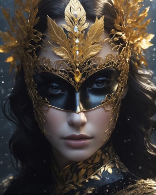 a close up of a person in a body of water, inspired by Yoann Lossel, cg society contest winner, fantasy art, elaborate lights. mask on face, gold leaves, portrait of emily blunt as queen, artgerm and ilya kuvshinov, black and gold rich color, masqua, render of mirabel madrigal, symbiote, marvel concept art