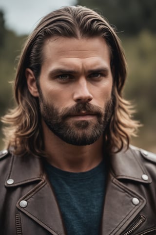 a man with long hair wearing a leather jacket, by Aaron Miller, very attractive man with beard, buff man, teaser, avatar image, sachucci 9 5, homelander, greg olsen, 2019 trending photo, brown hair flow, grainy cinematic, godlyphoto r3al, detailmaster2, aesthetic portrait, cinematic colors, earthy, moody 