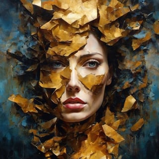 new art, full face art: painting of a woman with a cracked porcelain face, fragmented, abstract portrait, Nicolas Delort, surreal dark art, stefan gesell, shattered, dark schizophrenia portrait, inspired by Igor Morski, shattered abstractions, broken mirror, broken mirrors composition, shattered wall, 4k European women, Satara by Johnny Taylor, in the style of brushstroke-intensive portraits, cinematic elegance, golden light, multi-color, dark proportions, flowing brushwork, multilayered realism, feminine themes, dripping paint