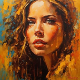 new art, full face art: European women, Satara by Johnny Taylor, in the style of brushstroke-intensive portraits, cinematic elegance, golden light, multi-color, dark proportions, flowing brushwork, multilayered realism, feminine themes, dripping paint