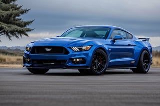 RAW phontograph of mustang car, black color,blue color car, dark sky,cool, asthetic, spoilers,full car in frame, full car picture, drift,highly detaited, 8k, 1000mp,ultra sharp, master peice, realistic,detailed grills, detailed headlights,4k grill, 4k headlights, rich city, dubai, great body kit