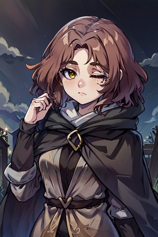 (Masterpiece),high quality,best quality,clean,highly detailed,melina \(elden ring\),brown hair,yellow eyes,medium hair,closed mouth, outdoors, one eye closed, sky, hood, 1girl, tattoo, night, star \(sky\), night sky, scar across eye, one-eyed, hooded cloak, black cloak,melina \(elden ring\)