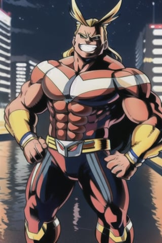 (Perfect muscular body), Best Quality, ((long hair)), (blonde hair),  good fingers,  good hands, best eyes, smiling, allmight  , all might uniforme , full body view , flexing arms , in a city at night