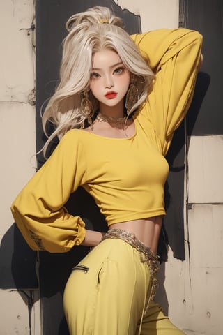  A beautiful teen girl with a skinny body, (white multi dreadlocks hair) , she is wearing a (yellow designed full sleeve top and designed Harem Pants), fashion style clothing. Her toned body suggests her great strength. The girl is dancing hip-hop and doing all kinds of cool moves.,Sohwa,medium shot