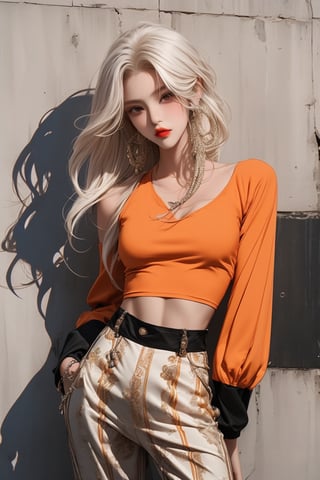  A beautiful teen girl with a skinny body, (white dreadlocks hair) , she is wearing a (orange designed full sleeve top and black designed Harem Pants), fashion style clothing. Her toned body suggests her great strength. The girl is dancing hip-hop and doing all kinds of cool moves.,Sohwa,medium shot
