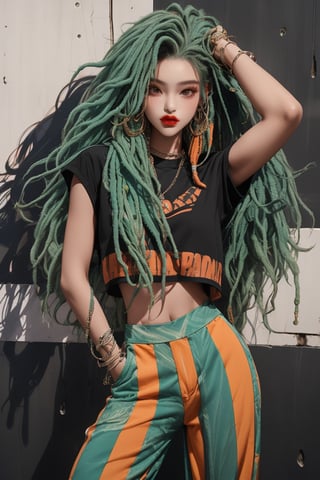  A beautiful teen girl with a skinny body, (green dreadlocks hair) , she is wearing a (orange designed top and black designed Harem Pants), fashion style clothing. Her toned body suggests her great strength. The girl is dancing hip-hop and doing all kinds of cool moves.,Sohwa,medium shot