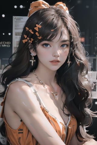 Detailed, masterpiece, newspaper wall, ((((Tom Ford designed orange fashion show Gown)) earrings, jewelry, brown hair, ((hair ribbon)), ((jewelry, necklace)), 1girl, ((Styles photoshoot pose)),  long hair, detailed photo, cinematic photoshoot, ultra detailed, realistic photoshoot, raw photo,skinny