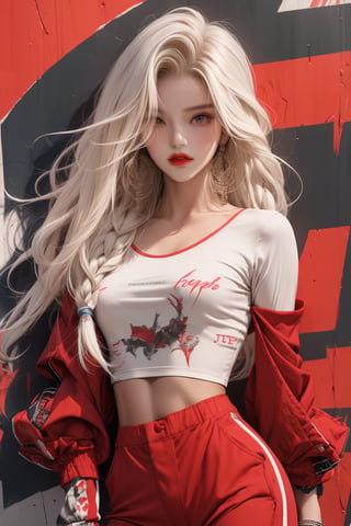  A beautiful teen girl with a skinny body, (white dreadlocks hair) , she is wearing a (red designed full sleeve top and designed bly track pants), fashion style clothing. Her toned body suggests her great strength. The girl is dancing hip-hop and doing all kinds of cool moves.,Sohwa,medium shot