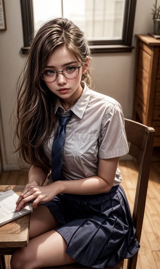 a 16-year-old girl who sitting school table, she wear school uniform (shirt, skirt with tie) , She has long brown hair that she usually ties in a ponytail, and big hazel eyes that sparkle with curiosity. She wears glasses that make her look sexy and noughty, but also adorable. She is very kind and gentle, but also very timid and insecure. She often blushes when someone talks to her, and stammers when she tries to reply. She has a hard time making friends, and prefers to stay in the background. She is afraid of being judged or rejected by others, so she rarely expresses her opinions or feelings. She has a crush on a boy in her class, but she is too shy to approach him or even look at him. She secretly writes poems about him in her diary, hoping that one day he will notice her and like her front. realistic, masterpiece, raw photo
