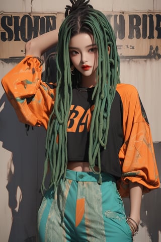  A beautiful teen girl with a skinny body, (green shortdreadlocks hair) , she is wearing a (orange designed top and black designed Harem Pants), fashion style clothing. Her toned body suggests her great strength. The girl is dancing hip-hop and doing all kinds of cool moves.,Sohwa,medium shot