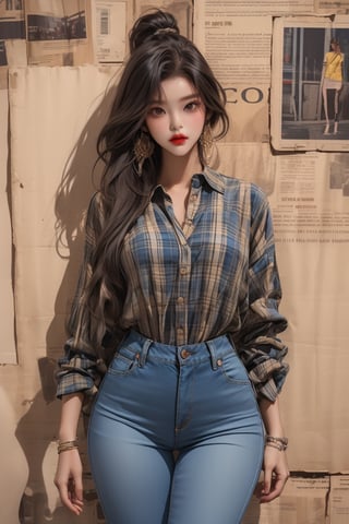  A beautiful girl with a slim figure, she is wearing a yellow checked shirt and skinny jeans, fashion style clothing. Her toned body suggests her great strength. The girl is standing confident and doing all kinds of cool poses.,Sohwa,medium full shot