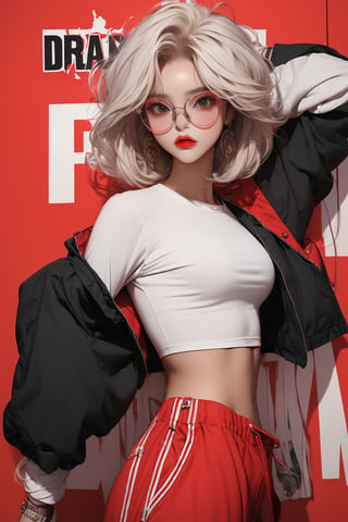  A beautiful teen girl with a skinny body, (white dreadlocks hair) , she is wearing a (red designed full sleeve top and designed bly track pants), fashion style clothing. eye glasses, Her toned body suggests her great strength. The girl is dancing hip-hop and doing all kinds of cool moves.,Sohwa,medium shot
