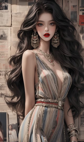 teen girl,skinny (masterpiece, best quality, ultra detailed, absurdres)1.5, long hair, bare legs, long hair
looking at viewer
jewelry
black hair
cowboy shot
earrings
long necklace
indoors
red maxi dress
lips
wavy hair
red lips,chung,newspaper wall,fashiongirl