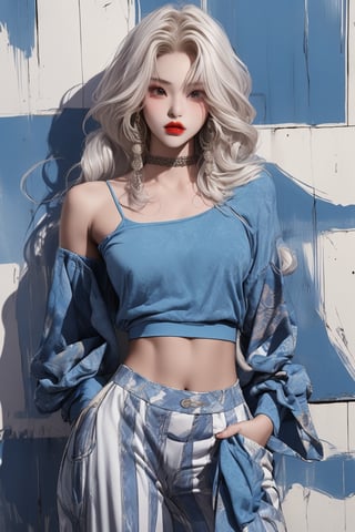  A beautiful teen girl with a skinny body, (white multi dreadlocks hair) , she is wearing a (blue designed full sleeve top and designed Harem Pants), fashion style clothing. Her toned body suggests her great strength. The girl is dancing hip-hop and doing all kinds of cool moves.,Sohwa,medium shot