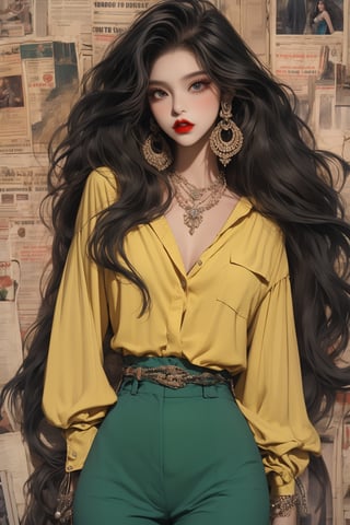 teen girl,skinny (masterpiece, best quality, ultra detailed, absurdres)1.5, long hair, bare legs, long hair
looking at viewer
jewelry
black hair
cowboy shot
earrings
long necklace
indoors
yellow shirt
green palazzo
lips
wavy hair
red lips,chung,newspaper wall,fashiongirl
