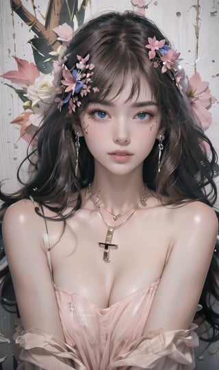 Detailed, masterpiece, newspaper wall, ((((Tom Ford designed: pink frock)) earrings, jewelry, brown hair, ((hair flowers)), ((jewelry, necklace)), 1girl, ((dynamic posing)),  long hair, detailed photo, cinematic photoshoot, ultra detailed, realistic photoshoot, raw photo, upper_body,skinny