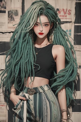  A beautiful teen girl with a skinny body, (green dreadlocks hair) , she is wearing a (Black top) and black Harem Pants), fashion style clothing. Her toned body suggests her great strength. The girl is dancing hip-hop and doing all kinds of cool moves.,Sohwa,medium shot