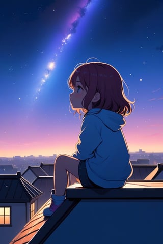 ((best quality)), ((masterpiece)), (detailed), illustration of A girl gazes at the cosmic expanse from a rooftop – detailed night sky, twilight hues, rooftop silhouette, the end of the world, viewed from below, sitting, full body,chibi,simple background,concept art,sots art,kawaii sticker,sticker