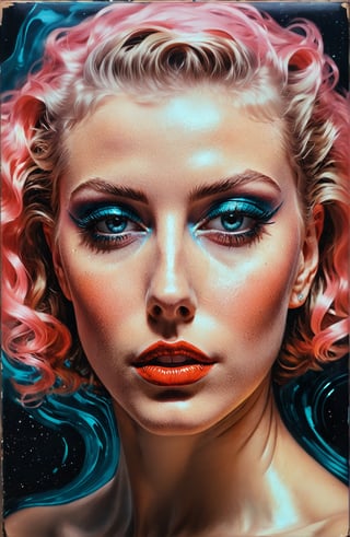 synthwave ambrotype portraiture cosmic horror hyperrealism avant-garde model, photorealistic oil painting by JC Leyendecker and enoch bolles and Dan Witz and odd nerdrum, vsco style, exaggerated elongated features, shimmer and shine, neon, perfect glowy skin, glassy skin, exaggerated eyes.