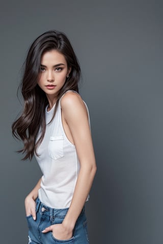 a beautiful female model, a beautiful young woman standing against a plain grey background. They are dressed in a white sleeveless top and blue denim jeans, which are a classic fit with pockets. The individual’s long, dark hair is being tossed to one side, suggesting movement or a breeze.