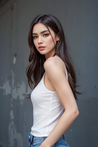 a beautiful female model, a beautiful young woman from a side angle against a plain backdrop. They are attired in a white sleeveless top paired with blue denim jeans, capturing a casual and relaxed demeanor.