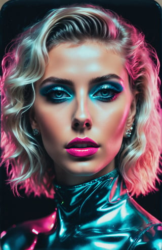 synthwave ambrotype portraiture cosmic horror hyperrealism avant-garde model, photorealistic, vsco style, exaggerated elongated features, shimmer and shine, neon, perfect glowy skin, glassy skin, exaggerated eyes.