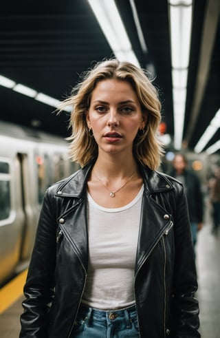 street photography in style of Larry Clark, contemporary female at a subway station, in fronti between blurry subway passing by, photorealism, cinematic, accent lightning, global illumination, shot on Sony a7iv, sigma 30mm.