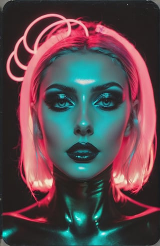 synthwave ambrotype portraiture cosmic horror hyperrealism avant-garde model, photorealistic, vsco style, exaggerated elongated features, shimmer and shine, neon, perfect glowy skin, glassy skin, exaggerated eyes, full body.,Extremely Realistic