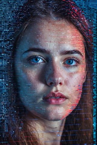 A digital portrait of a young woman's face reproduced on a glitching old CRT screen. The screen's texture distorts her features with scan lines and static interference, primarily in shades of blue and coral red with hints of white noise. The image captures the subject's dramatic and worried expression, her eyes seemingly gazing through the digital noise and artifacts while the screen flickers with a ghostly strong afterimage effect. The aesthetic is reminiscent of a cyberpunk scene, reflecting a fusion of human emotion and severe digital malfunction. Taken on: Canon EOS R5, cyber aesthetic photography, 85mm lens, f/2, 1/125s, ISO 3200