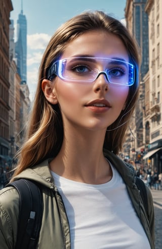 A young woman walks through a city with augmented reality glasses and organizes a trip with a digital assistant. highly detailed, photorealistic, hyperreal, cinematic atmosphere.