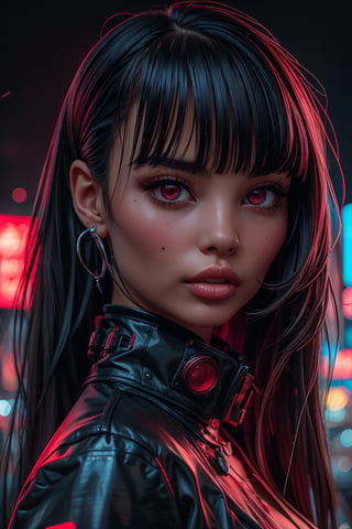 1girl, solo, long hair, looking at viewer, bangs, simple background, black hair, red eyes, upper body, blunt bangs, red background, science fiction, high collar, cyberpunk.