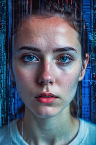 A digital portrait of a young woman's face reproduced on a glitching old CRT screen. The screen's texture distorts her features with scan lines and static interference, primarily in shades of blue and coral red with hints of white noise. The image captures the subject's dramatic and worried expression, her eyes seemingly gazing through the digital noise and artifacts while the screen flickers with a ghostly strong afterimage effect. The aesthetic is reminiscent of a cyberpunk scene, reflecting a fusion of human emotion and severe digital malfunction. Taken on: Canon EOS R5, cyber aesthetic photography, 85mm lens, f/2, 1/125s, ISO 3200