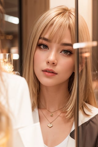 a beautiful female model, a beautiful young woman with straight blonde hair and blunt bangs. She is looking intently through a glass display, possibly in a jewelry store or gallery. The lighting is warm, creating reflections and a dramatic effect on her face. She is wearing a simple necklace and light-colored clothing, possibly a white blazer over a white t-shirt. Her expression is calm and contemplative.