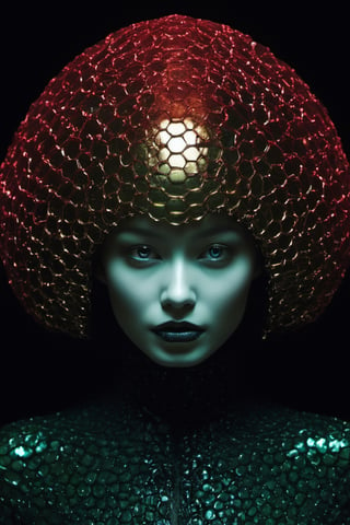 trypophobic Bioluminescent surreal futuristic cybernetic neonwired alien fashion inspired by spiral galaxy, boba tea honeycomb, fancy darkgreen golden complementary, red, vantablack, dramatic evocative close-up wild smiling portrait, duotone, photographed by Richard Avedon, Amy Judd, designed by HR Giger, Gareth Pugh, Tsutomu Nihei, ar 2:3, v 6.0