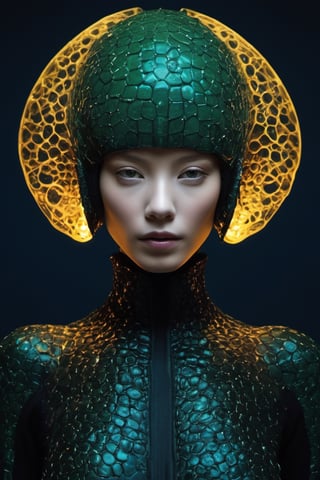 trypophobic Bioluminescent surreal futuristic cybernetic neonwired alien fashion inspired by spiral galaxy, boba tea honeycomb, fancy darkgreen golden complementary, red, vantablack, dramatic evocative close-up wild smiling portrait, duotone, photographed by Richard Avedon, Amy Judd, designed by HR Giger, Gareth Pugh, Tsutomu Nihei, ar 2:3, v 6.0