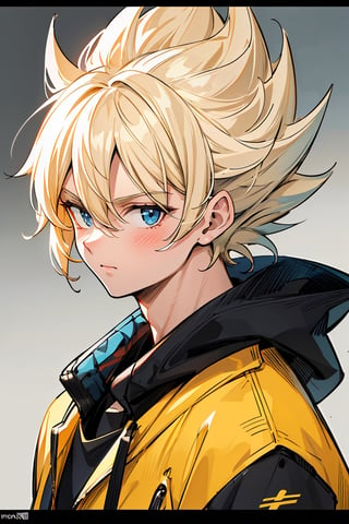 detailed portrait, 1boy, highly detailed clothes, wearing neon coat with hood, beautiful face, robotic, super saiyen, blond hair, brush strokes, 12k, beautiful outfit, wlop, high definition, cinematic, behance contest winner, portrait featured on unsplash, stylized digital art, smooth,raidenshogundef,son goku