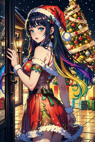 ultra detailed,(((rainbow))),(((transparent hair))),1 girl, crystal hair,hair made from glass,crystal hair with rainbow shine,illuminating crystal like hair that reflects color of rainbow,((illuminating)),((intricate:1.2)),((christmas)),(santa costume with intricate patterns)
