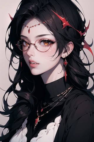 1girl, solo, long hair,oil painting, impasto, looking at viewer, black hair, jewelry,sweater,red eyes,close,earrings, lips,brown skin, necklace, lips,white background,circlet,red glasses,red contrast,masterpiece,beautyniji,nijistyle,niji,fangs