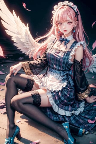 Havoc and Disorder, 1girl, solo, long hair, looking at viewer, blush, bangs, thighhighs, long sleeves, dress, bow, ribbon, jewelry, full body, pink hair, earrings, frills, parted lips, detached sleeves, wings, striped, pink eyes, star (symbol), nail polish, apron, plaid, maid headdress, blue dress, blue bow, frilled dress, striped thighhighs, angel wings, blue footwear, frilled thighhighs, plaid dress
