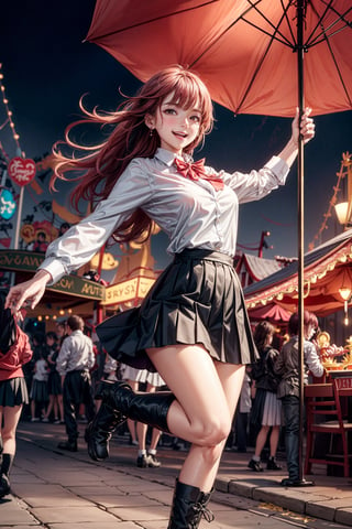 soft lighting, scenic background, carnival, roller coasters, gekkoukan high school uniform, white button up shirt, black pleated skirt, boots, red hair over on eye, excited happy expression, hearts