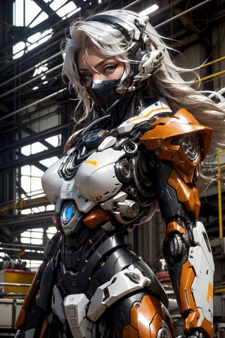 mecha musume, face mask, upper body, underboob, portrait, robot,white orange armor, white shimmering hair, neon light, 8K, RAW, best quality, masterpiece, ultra high res, colorful, (medium wide shot), (dynamic perspective), sharp focus ,depth of field, extremely detailed eyes and face, beautiful detailed eyes,large breasts,(black gold, trimmed gear:1.2),(In a futuristic weapons factory:1.2), ((masterpiece, best quality)), Detailed background, spaceship interior